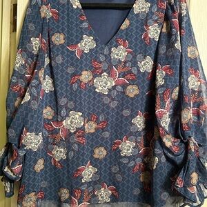 1. State Floral V-Neck Blouse - Blue and Red